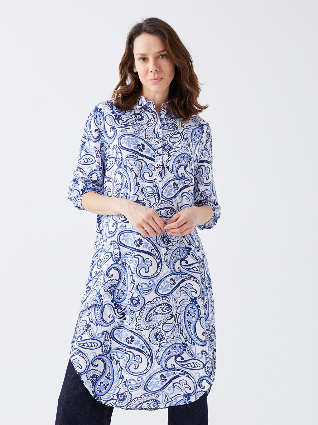 Tunică Cămașă Supradimensionată cu Mânecă Lungă și Model pentru Femei-2