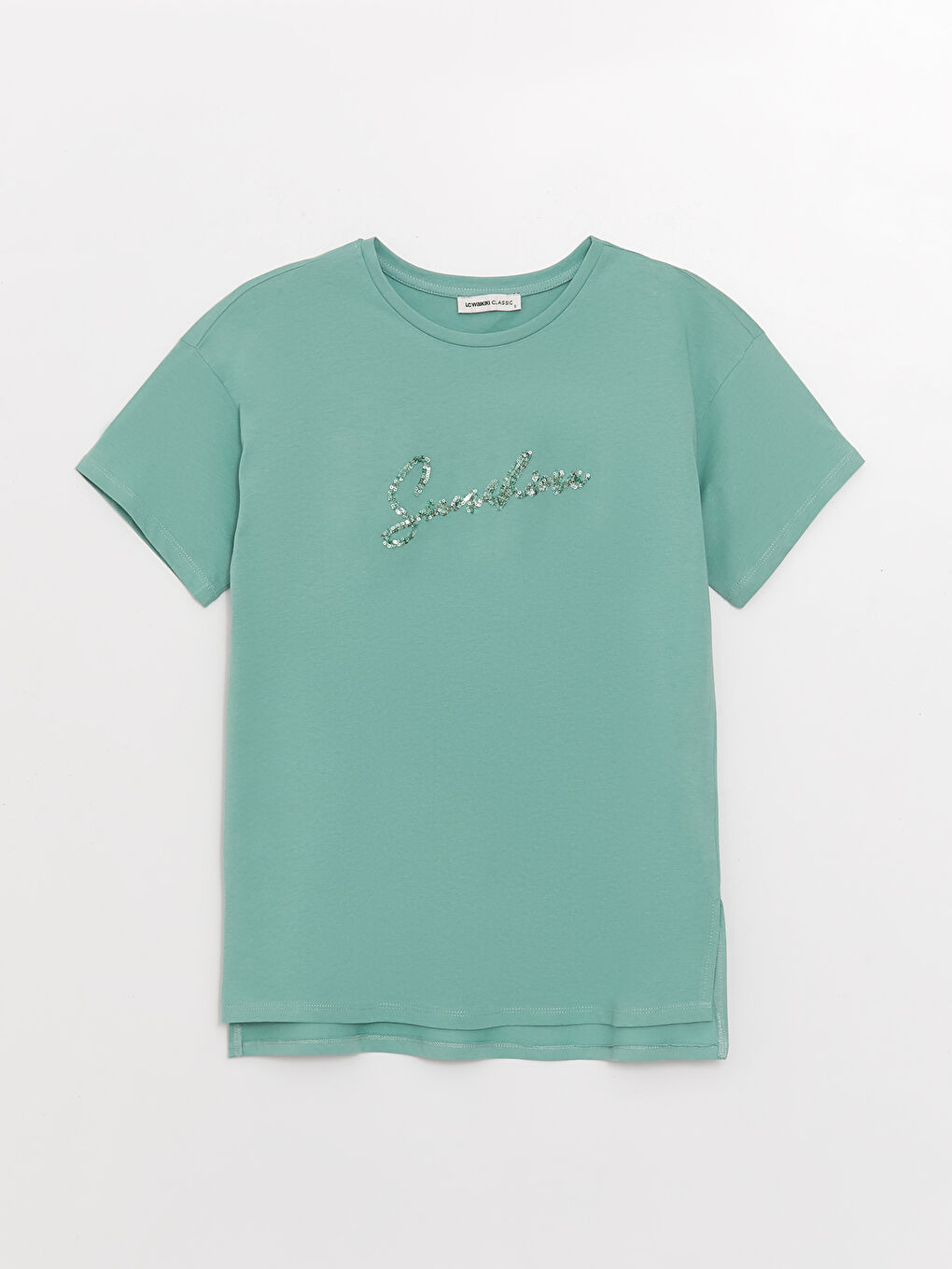 Yeşil Bisiklet Yaka Pul İşlemeli Kısa Kollu Kadın Tişört-4