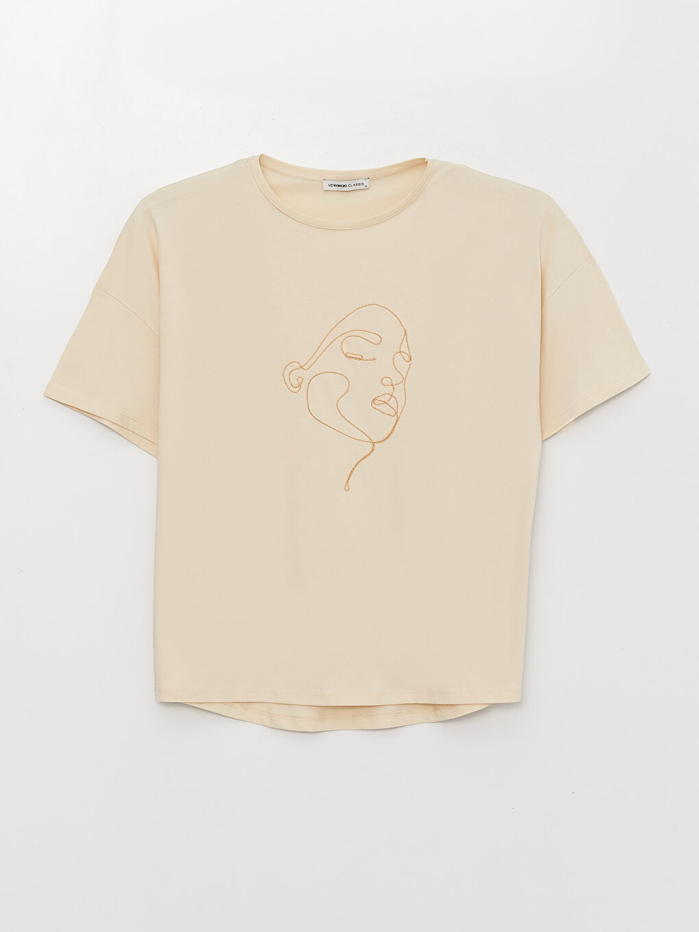 Bej Bisiklet Yaka Nakışlı Kısa Kollu Oversize Kadın Tişört-5