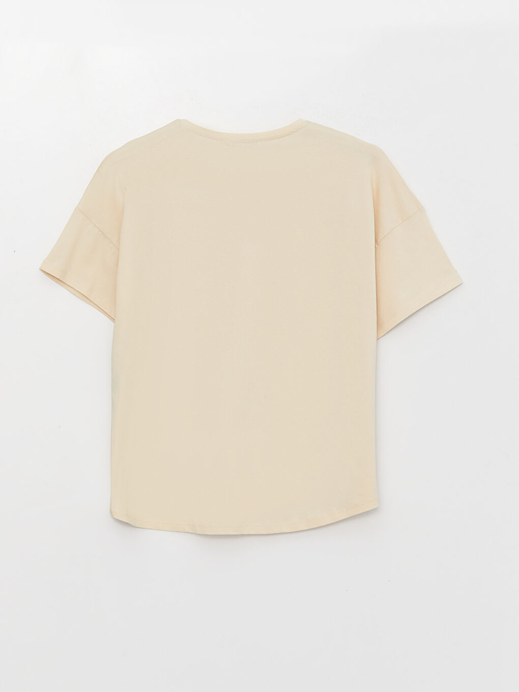 Bej Bisiklet Yaka Nakışlı Kısa Kollu Oversize Kadın Tişört-6