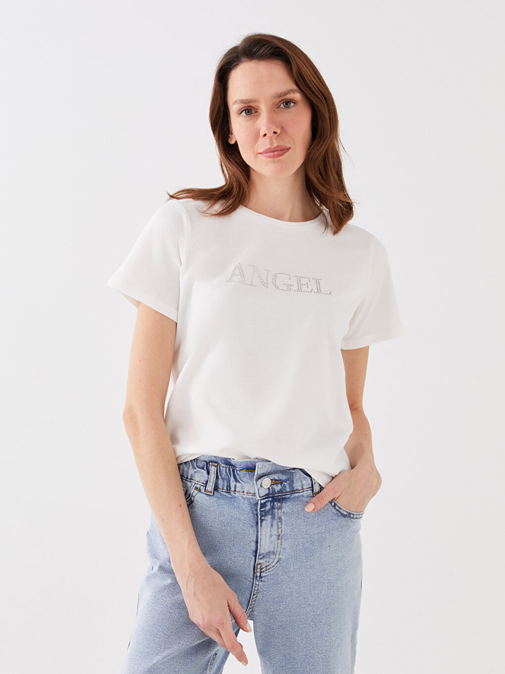 Crew Neck Rhinestone Embellished Short Sleeve Women's T-Shirt-1