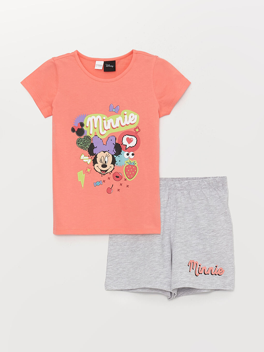 LCW Kids Mercan Bisiklet Yaka Minnie Mouse Baskılı Kısa Kollu Kız Çocuk Şortlu Pijama Takımı