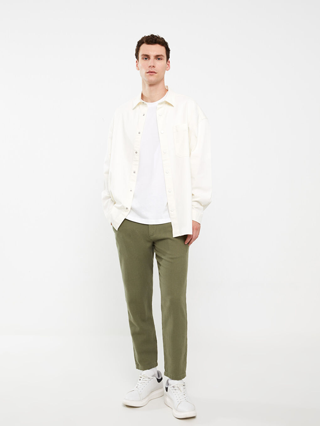 Haki Standart Kalıp Keten Karışımlı Erkek Pantolon-1