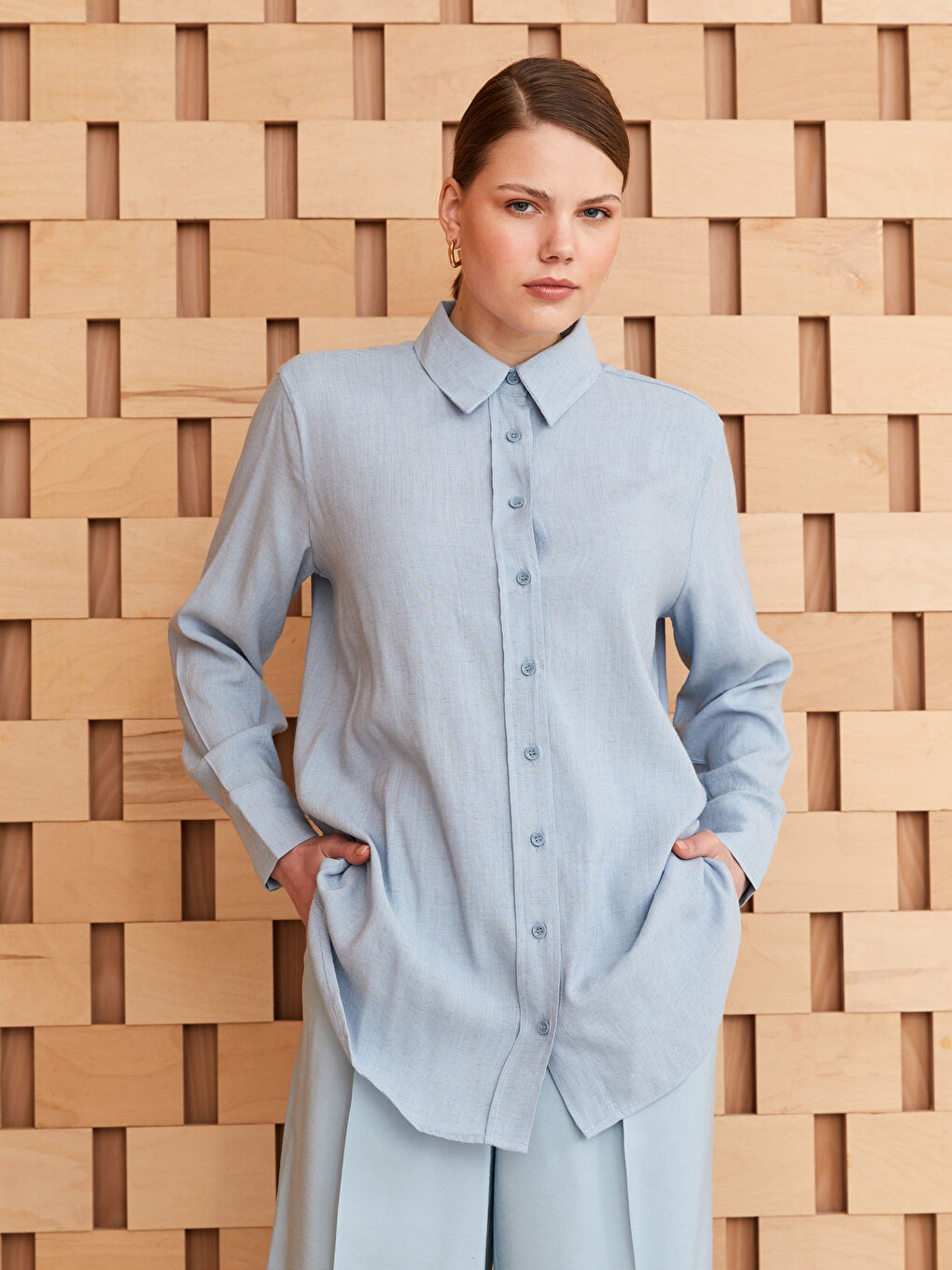 Mavi Düz Uzun Kollu Kadın Gömlek Tunik