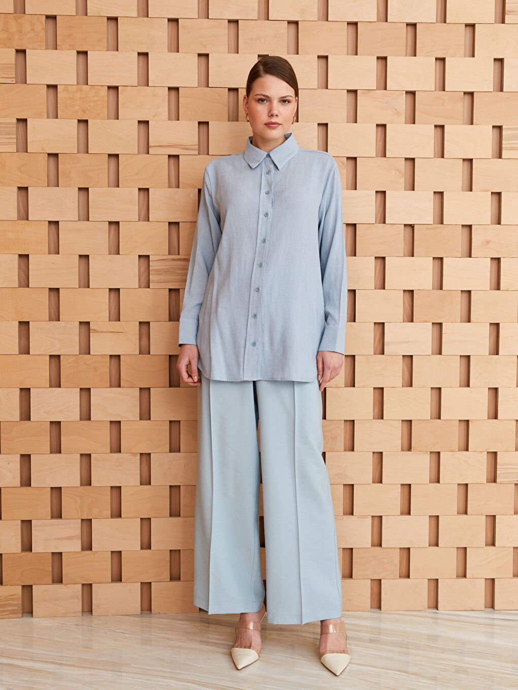 Mavi Düz Uzun Kollu Kadın Gömlek Tunik-2