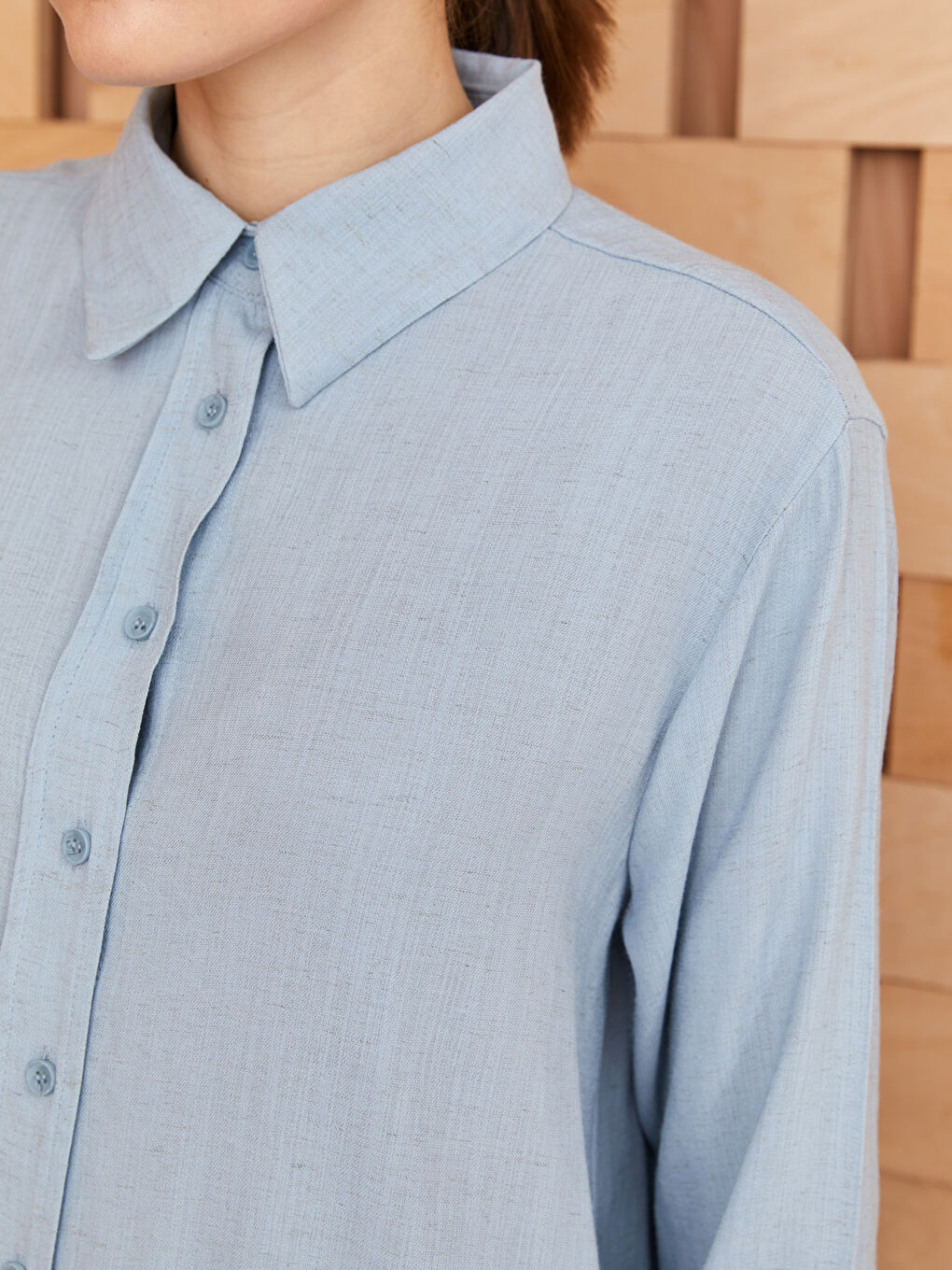 Mavi Düz Uzun Kollu Kadın Gömlek Tunik-3