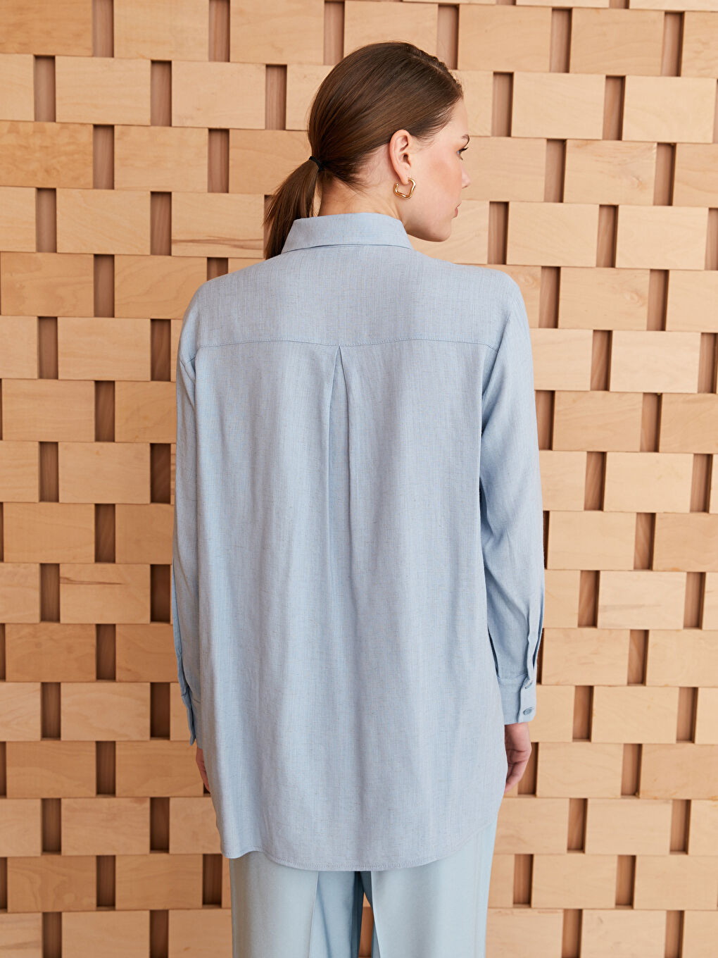 Mavi Düz Uzun Kollu Kadın Gömlek Tunik-4