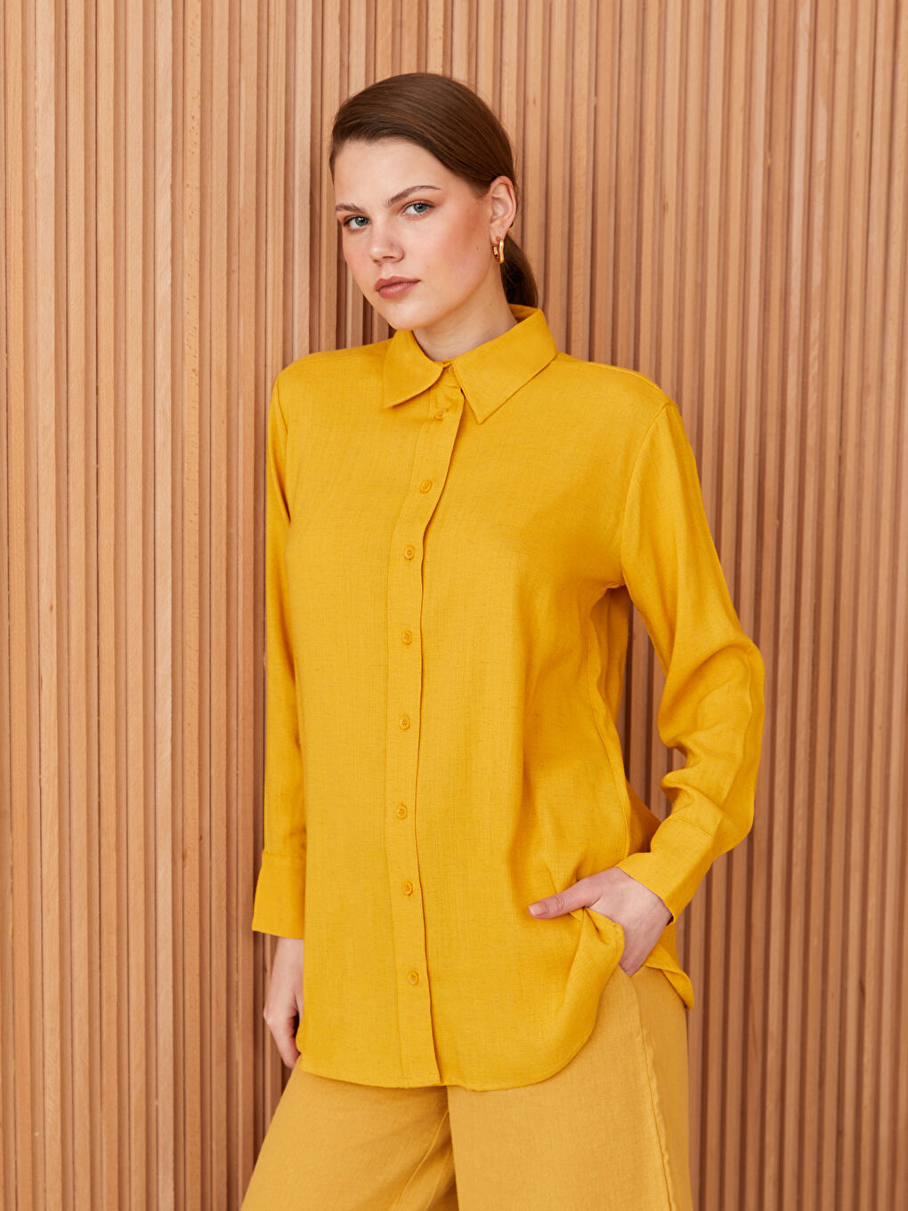 Sarı Düz Uzun Kollu Kadın Gömlek Tunik-1