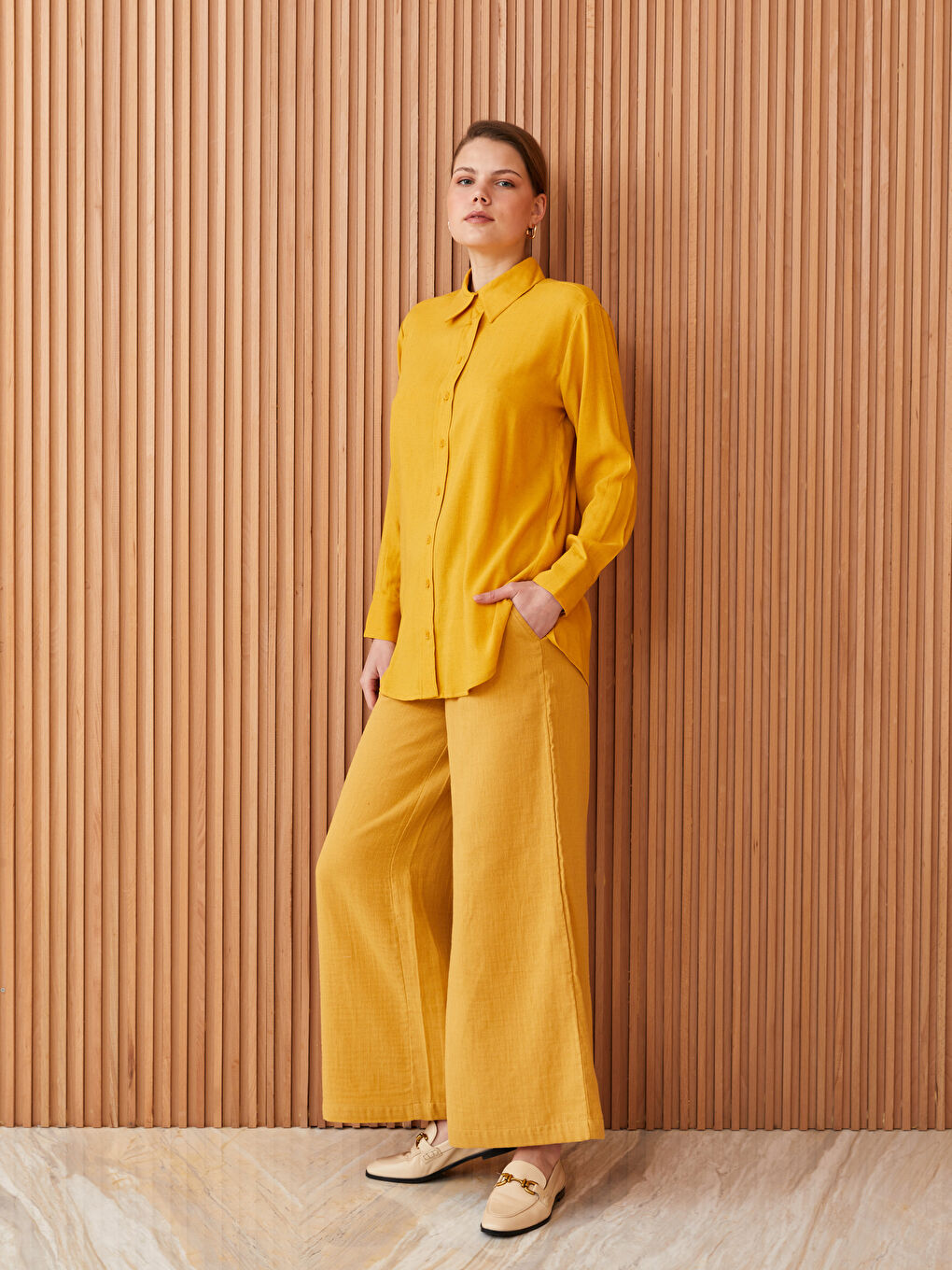 Sarı Düz Uzun Kollu Kadın Gömlek Tunik-2