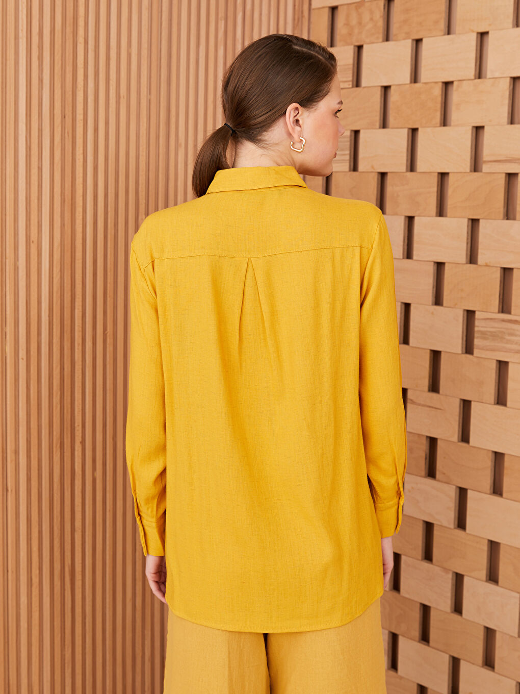 Sarı Düz Uzun Kollu Kadın Gömlek Tunik-4