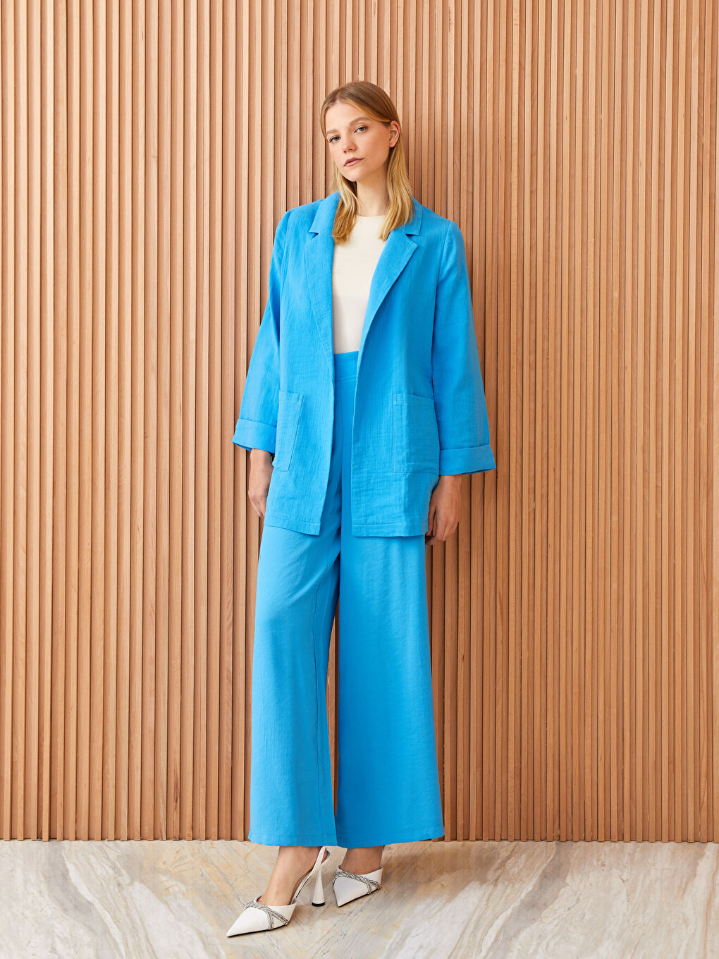 Mavi Düz Uzun Kollu Müslin Kadın Ceket-2