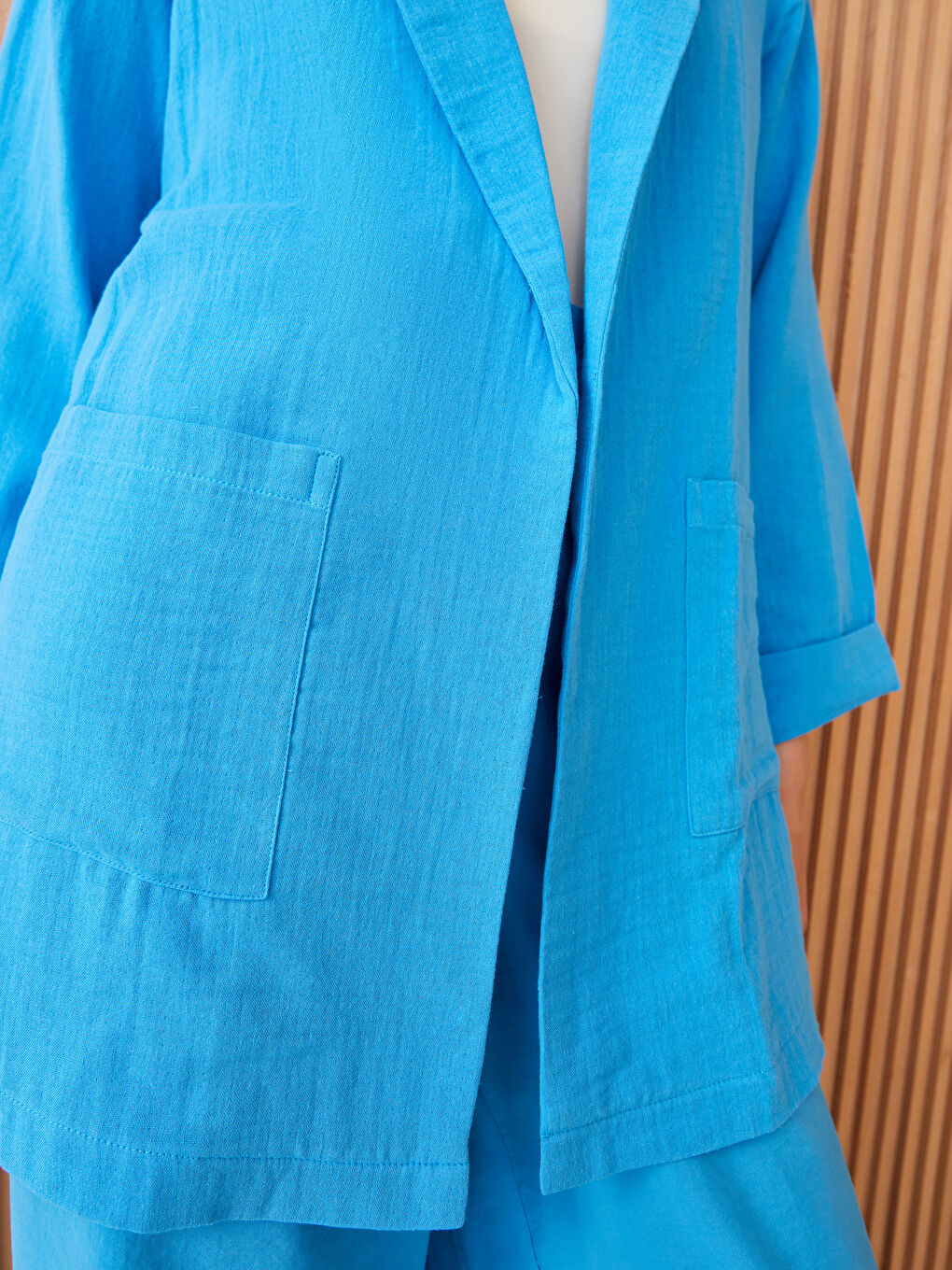 Mavi Düz Uzun Kollu Müslin Kadın Ceket-3