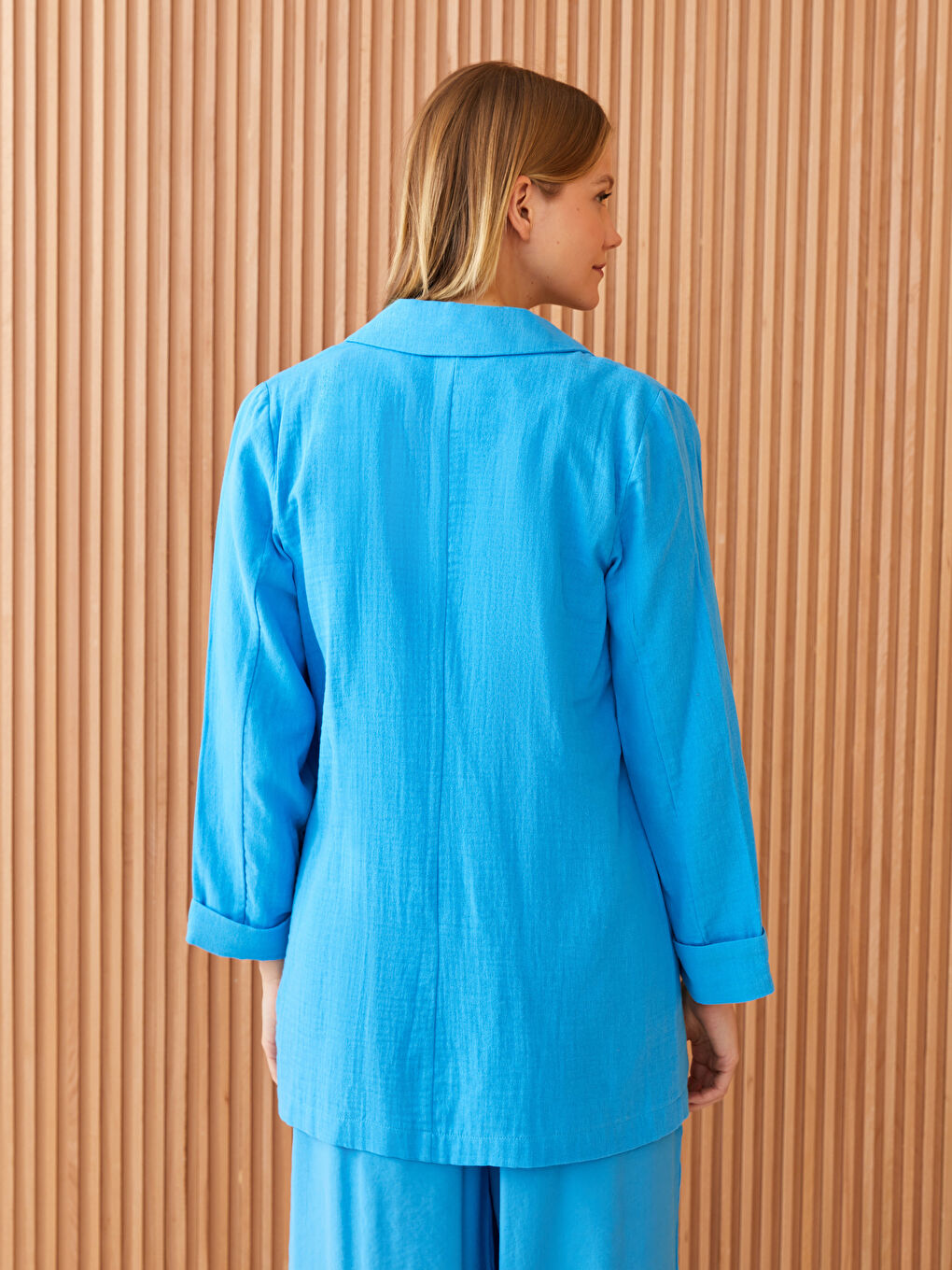 Mavi Düz Uzun Kollu Müslin Kadın Ceket-4