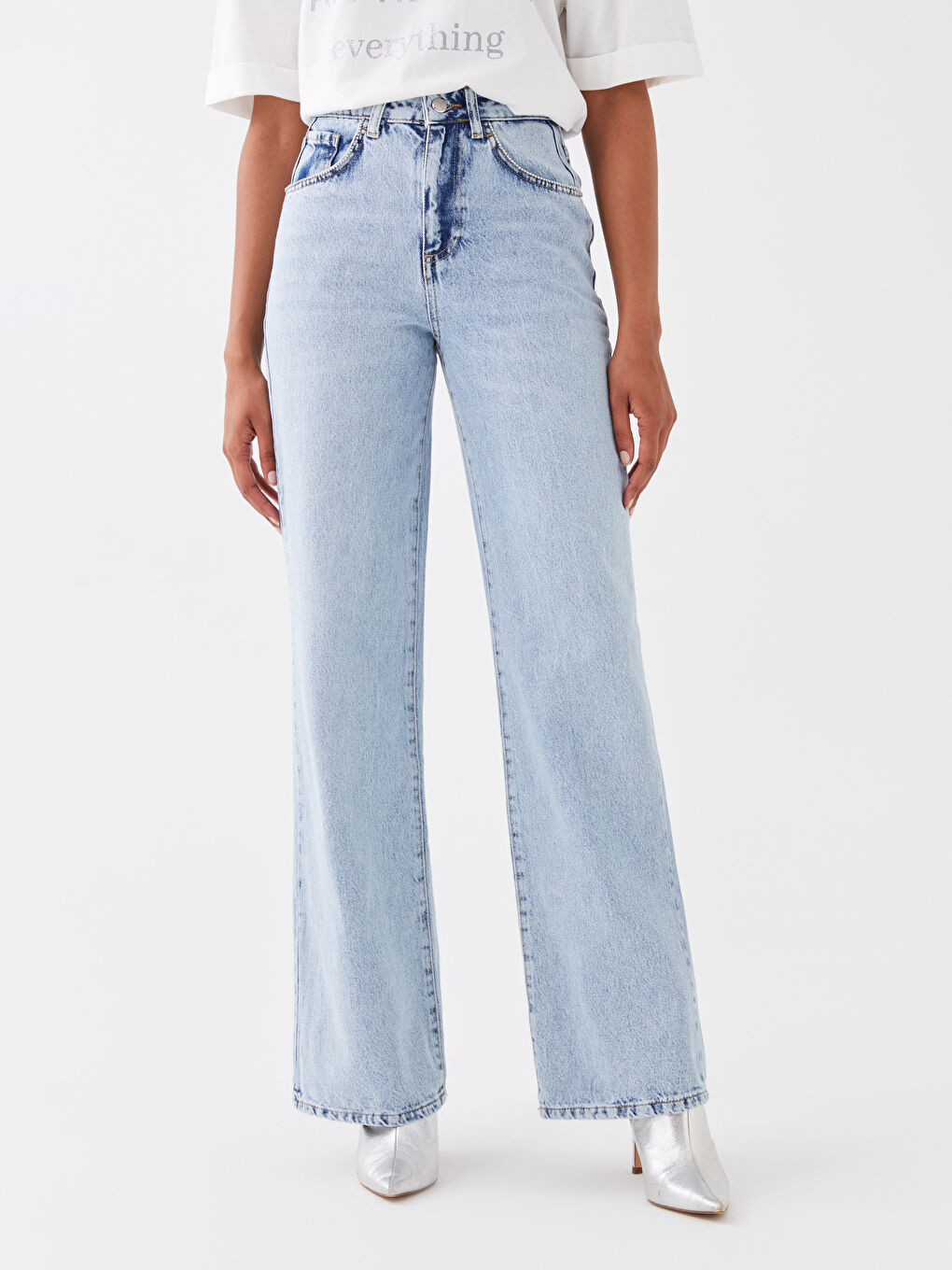 İndigo Normal Bel Wideleg Kadın Jean Pantolon-3