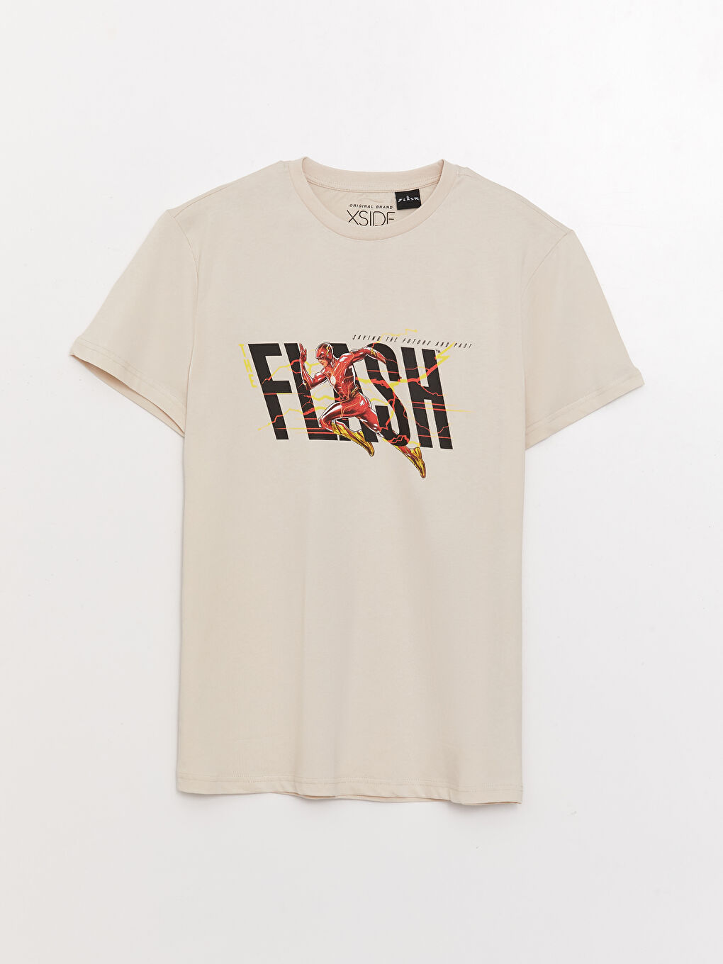 Bej Bisiklet Yaka Kısa Kollu The Flash Baskılı Penye Erkek Tişört-4