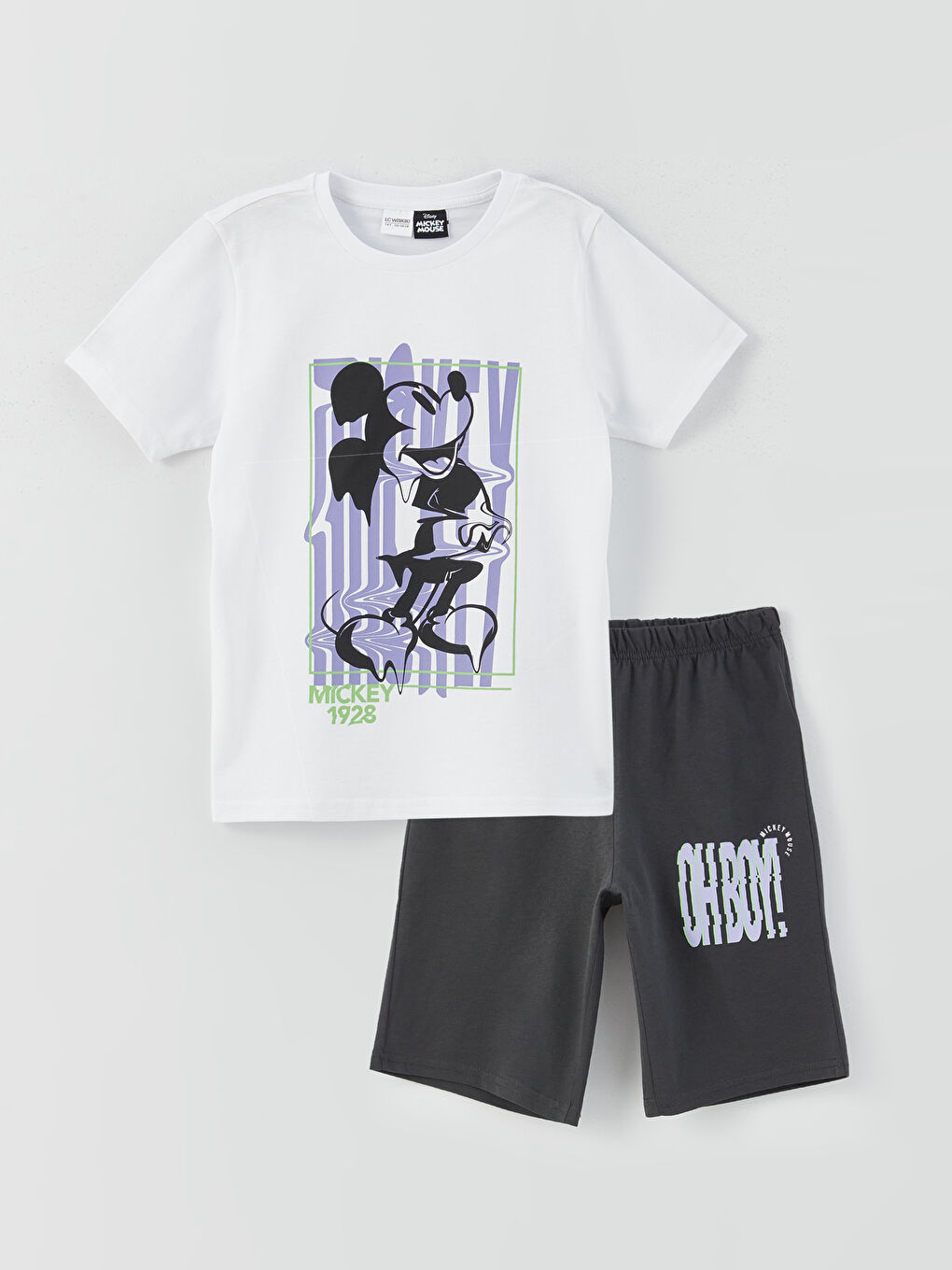 طقم بيجامة قصيرة للأولاد مطبوع ميكي ماوس بياقة دائرية وكم قصير