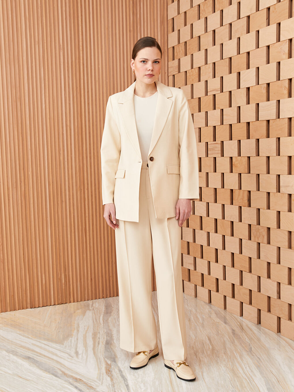 Bej Düz Uzun Kollu Kadın Blazer Ceket-2