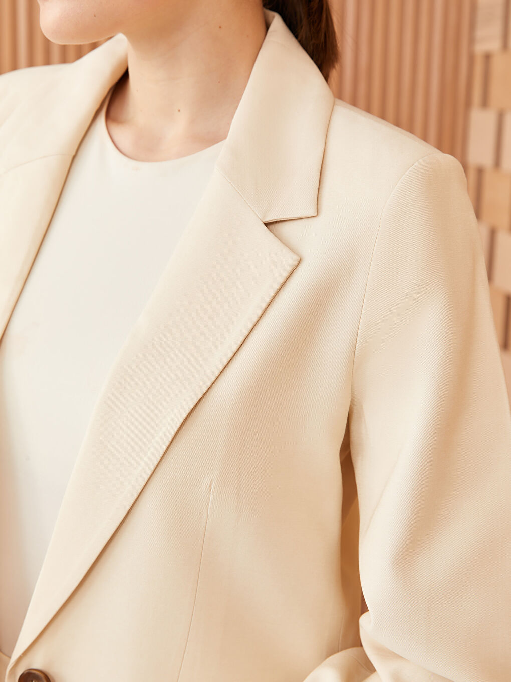 Bej Düz Uzun Kollu Kadın Blazer Ceket-3