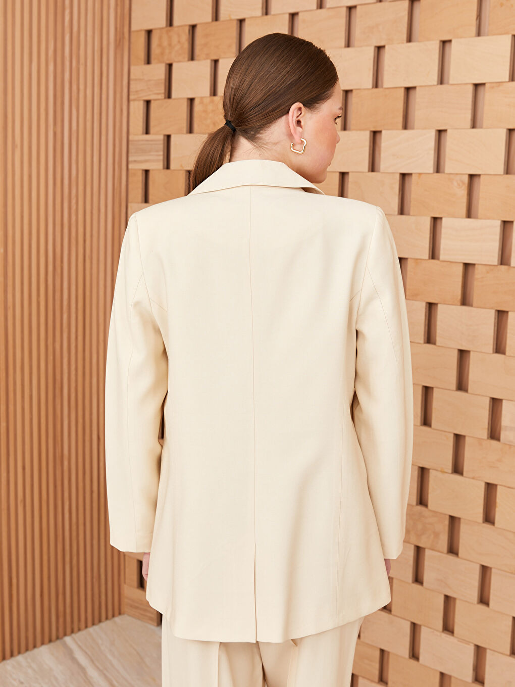 Bej Düz Uzun Kollu Kadın Blazer Ceket-4