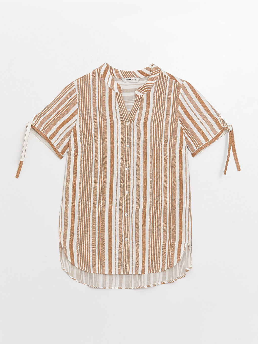Bej Kaçık Yaka Çizgili Kısa Kollu Poplin Kadın Bluz-5