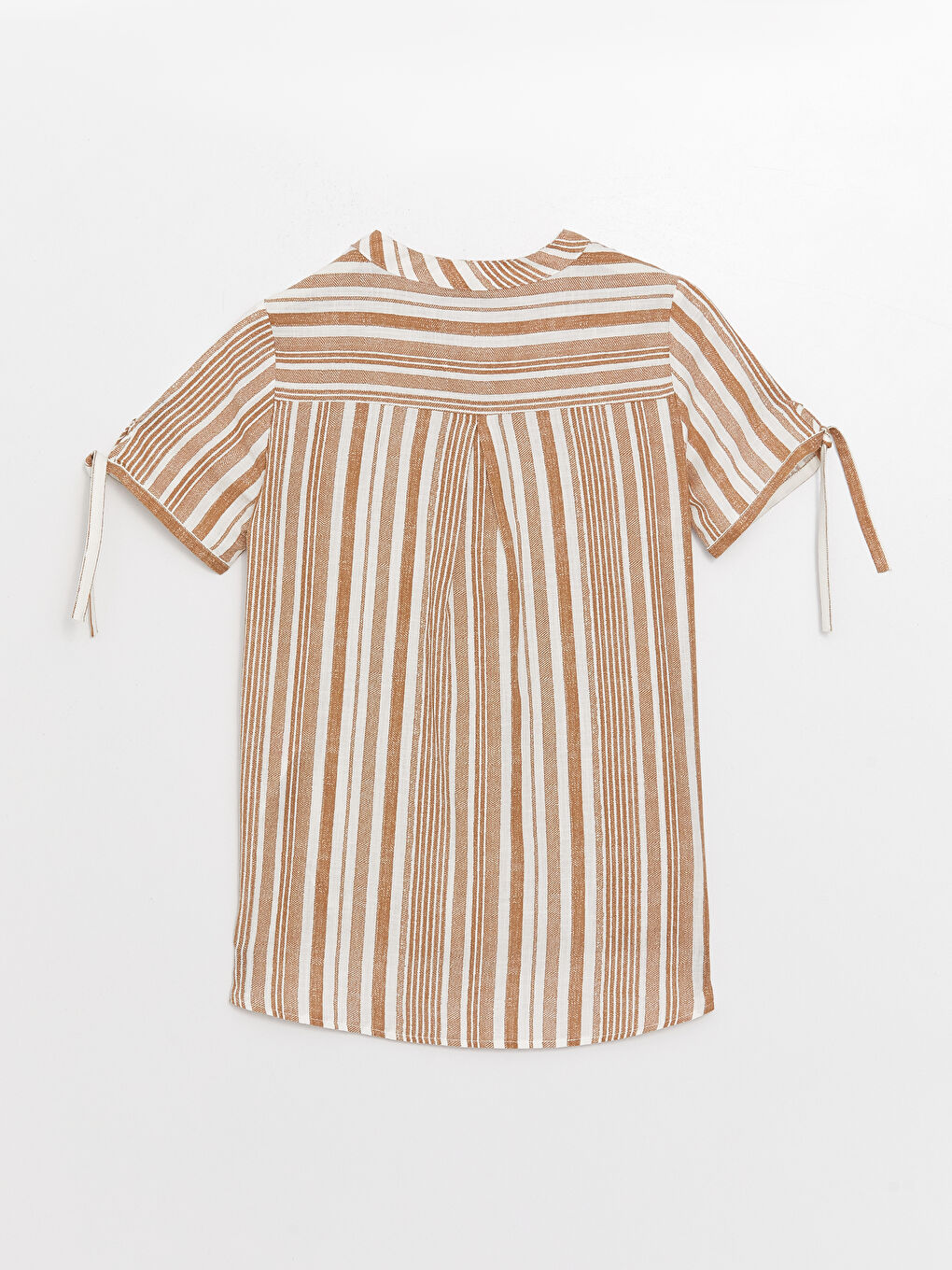 Bej Kaçık Yaka Çizgili Kısa Kollu Poplin Kadın Bluz-6