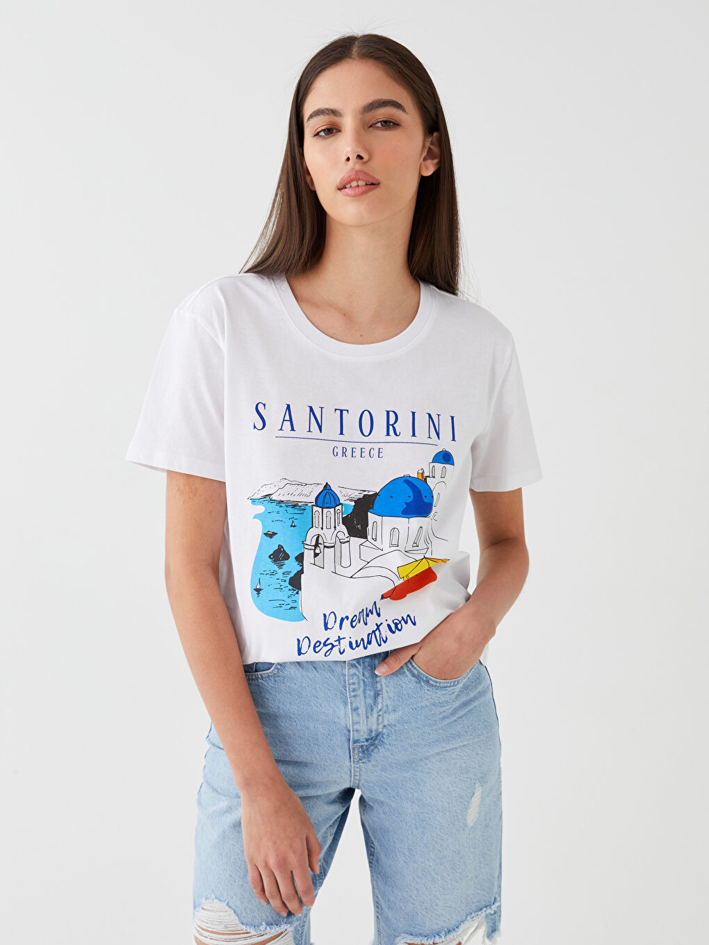 მრგვალი საყელო ნაბეჭდი მოკლე სახელო ქალებისთვის მაისური