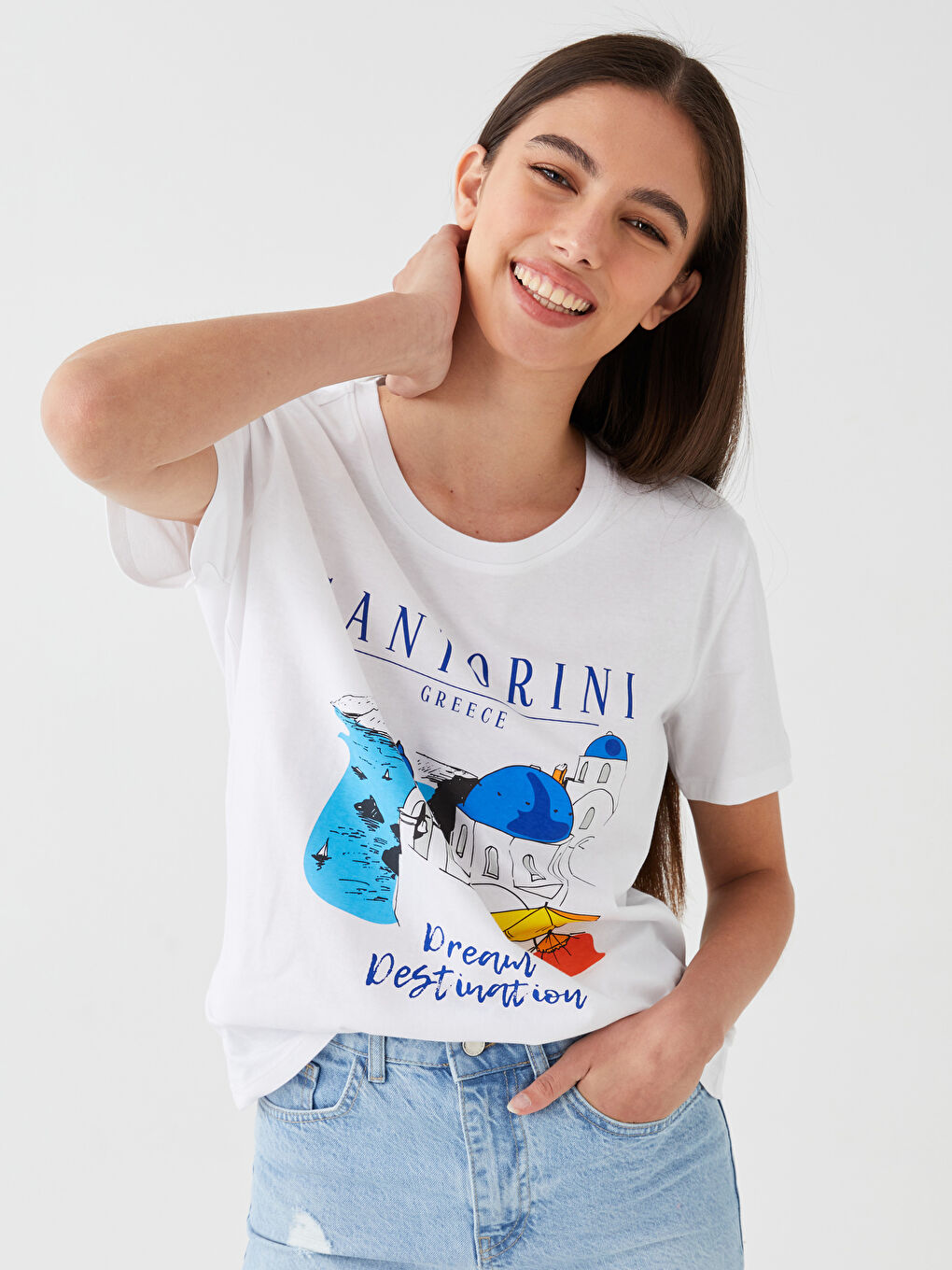 მრგვალი საყელო ნაბეჭდი მოკლე სახელო ქალებისთვის მაისური-1