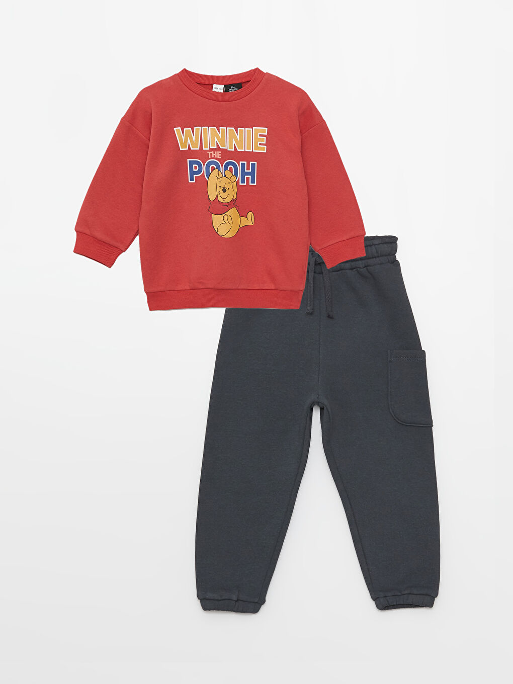 Kırmızı Bisiklet Yaka Uzun Kollu Winnie the Pooh Baskılı Erkek Bebek Sweatshirt ve Pantolon 2'li Takım