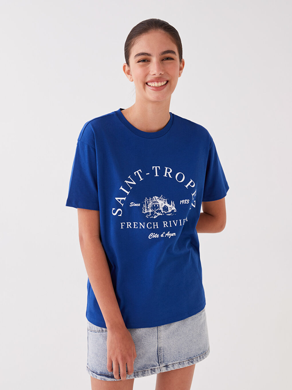 Mavi Bisiklet Yaka Baskılı Kısa Kollu Kadın Tişört