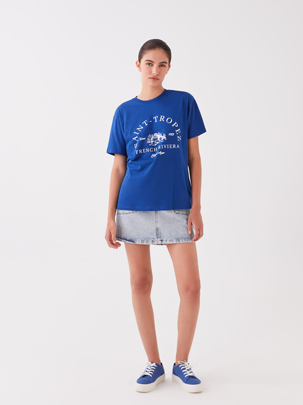 Mavi Bisiklet Yaka Baskılı Kısa Kollu Kadın Tişört-1