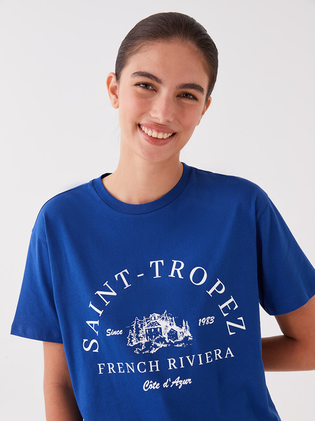 Mavi Bisiklet Yaka Baskılı Kısa Kollu Kadın Tişört-2