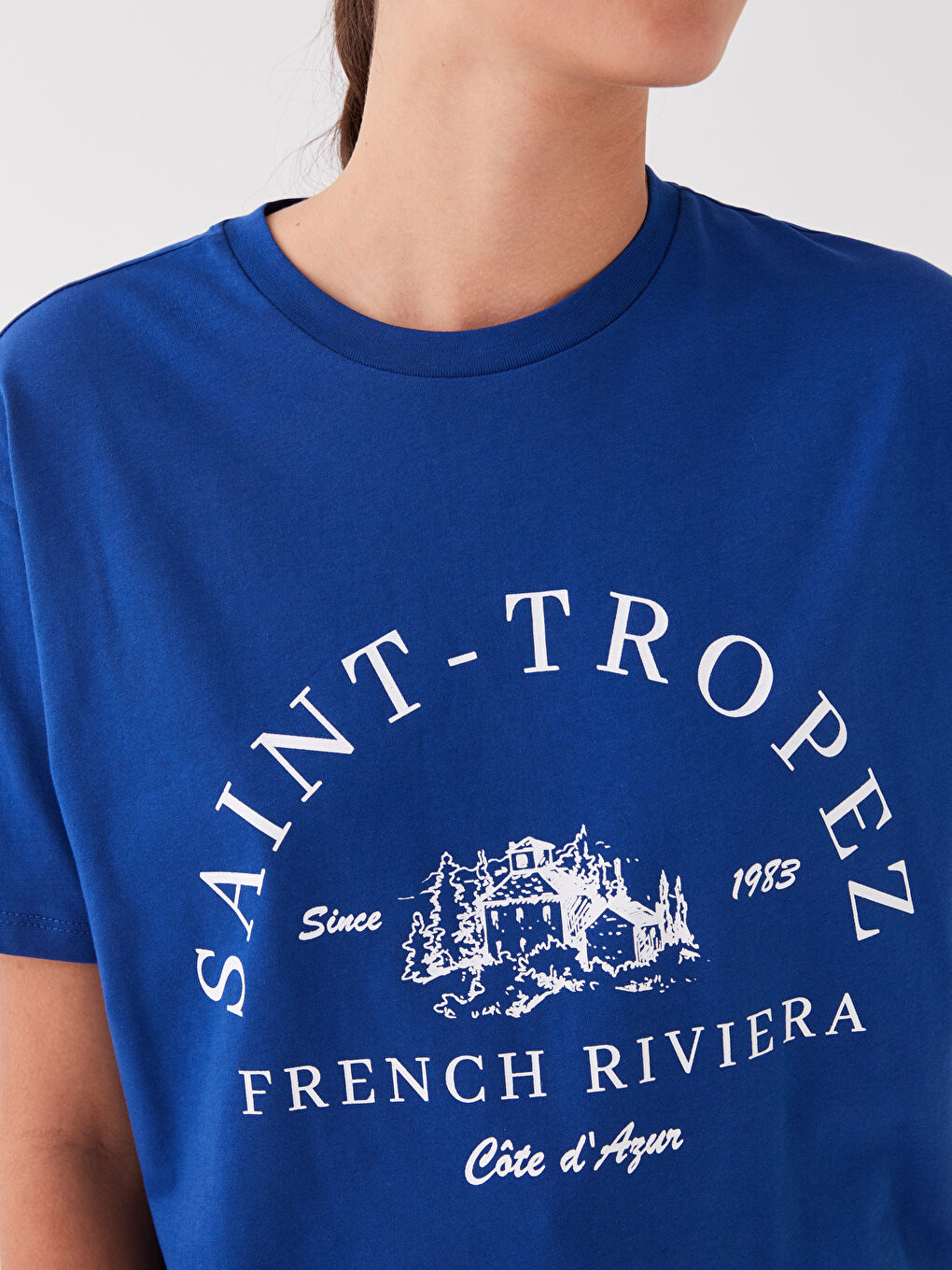 Mavi Bisiklet Yaka Baskılı Kısa Kollu Kadın Tişört-3