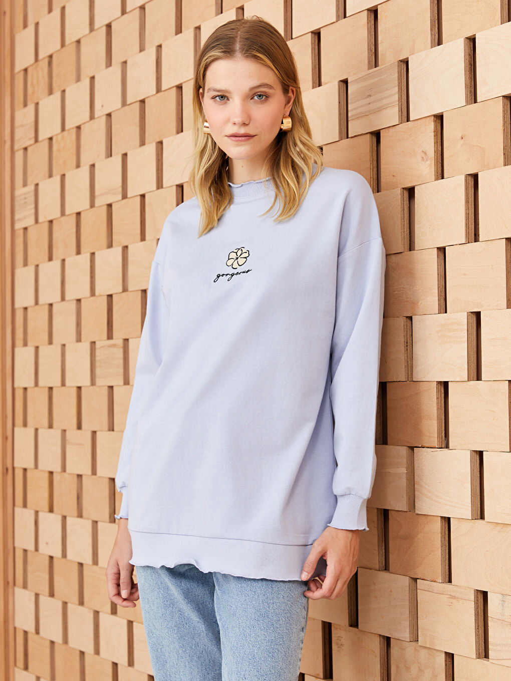 Lila Bisiklet Yaka Nakışlı Uzun Kollu Kadın Sweatshirt Tunik-1