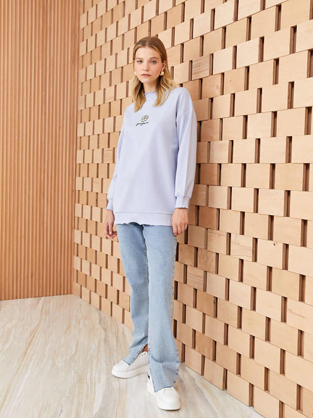 Lila Bisiklet Yaka Nakışlı Uzun Kollu Kadın Sweatshirt Tunik-2