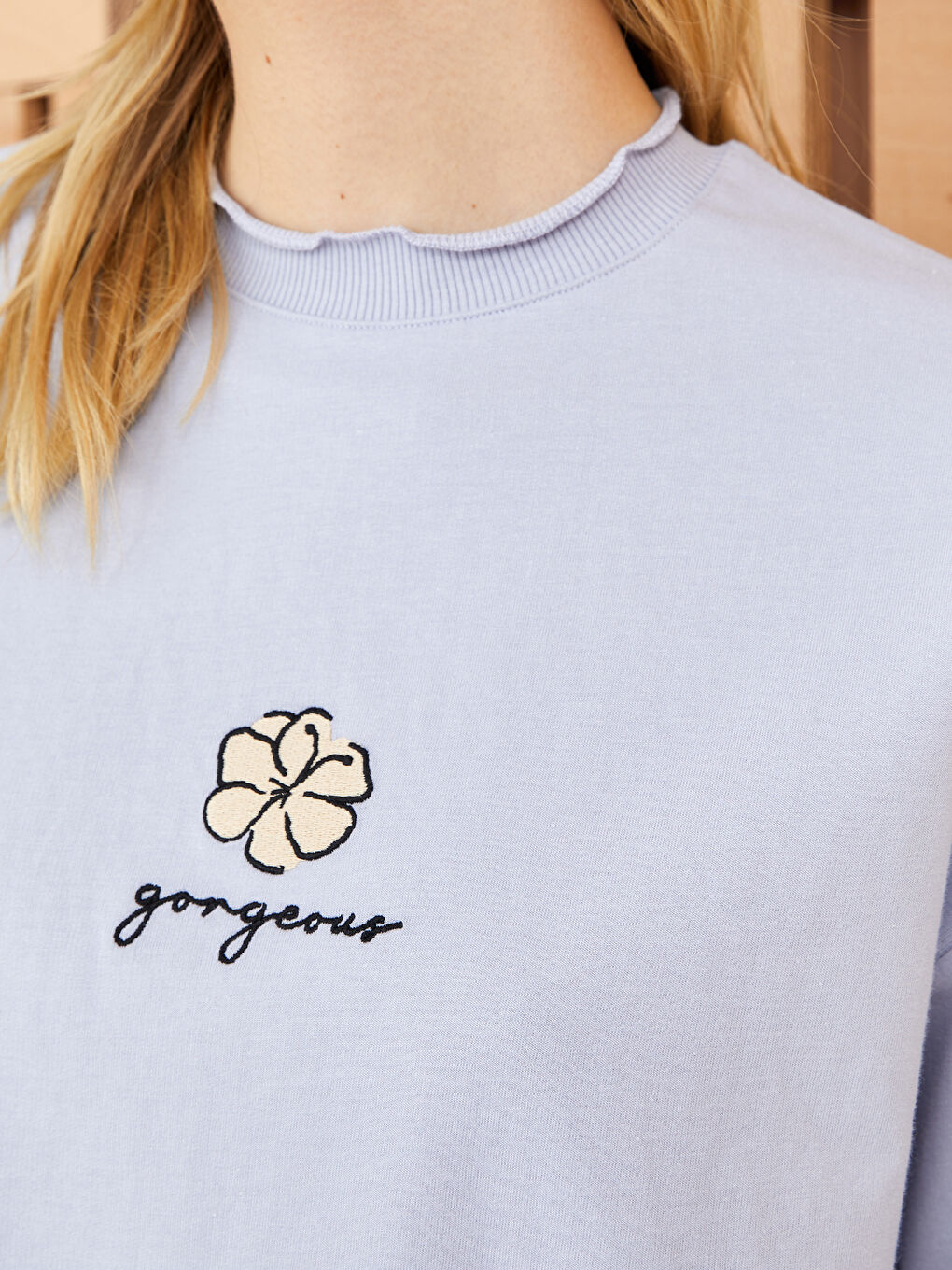 Lila Bisiklet Yaka Nakışlı Uzun Kollu Kadın Sweatshirt Tunik-3