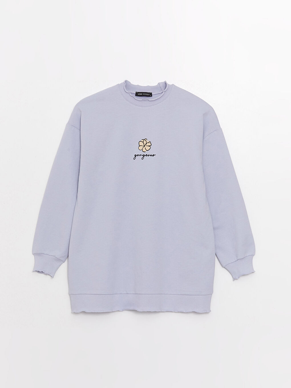 Lila Bisiklet Yaka Nakışlı Uzun Kollu Kadın Sweatshirt Tunik-5