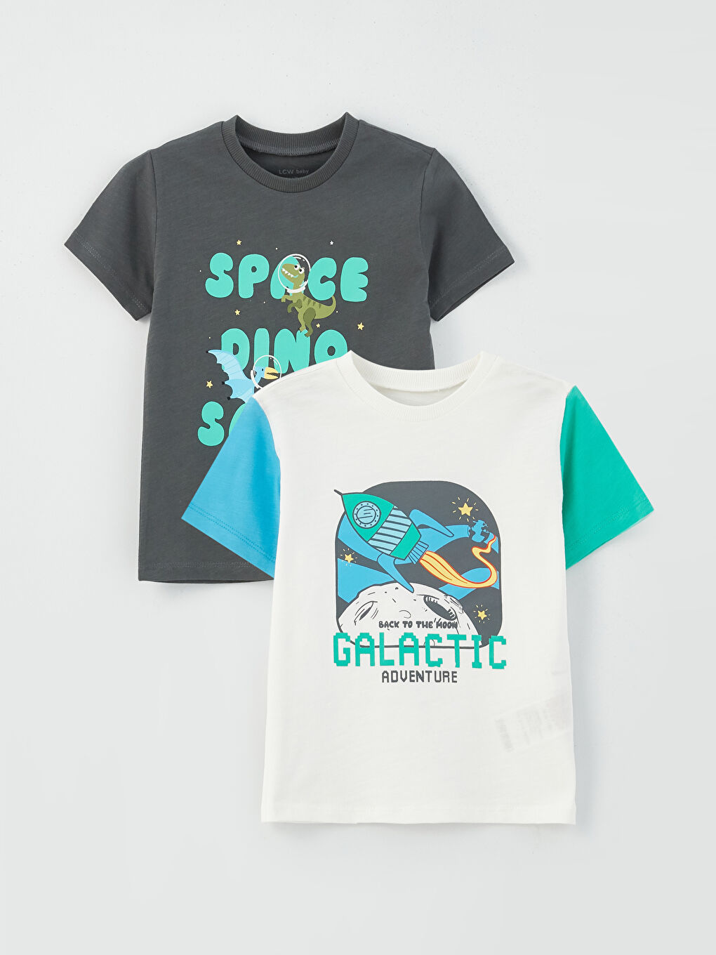 Ekru Bisiklet Yaka Kısa Kollu Baskılı Erkek Bebek Tişört 2'li