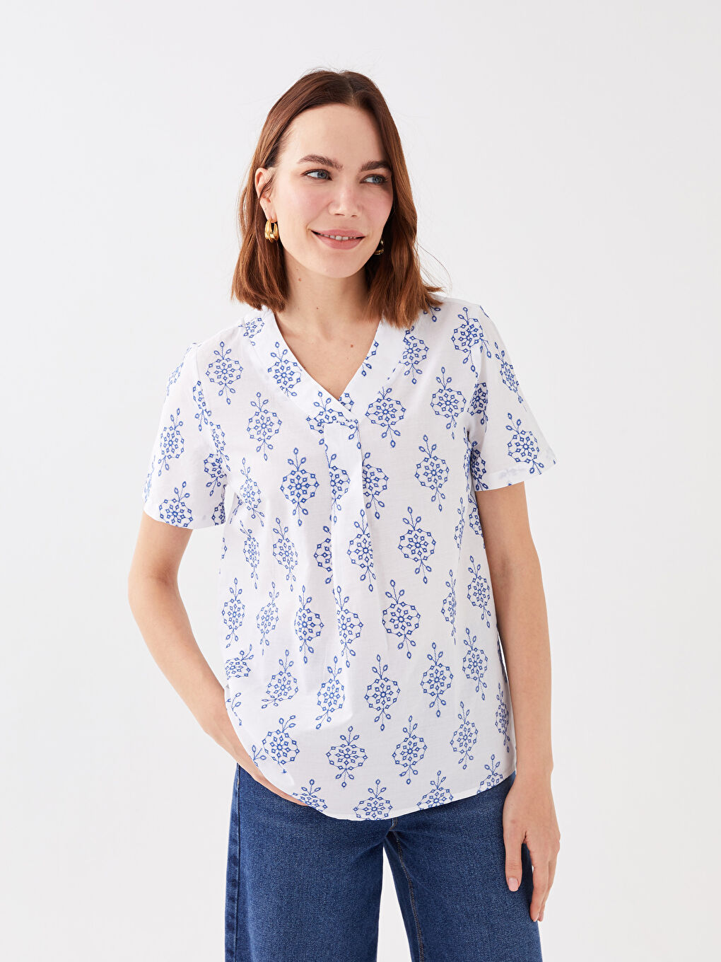 V-Neck Embroidered Short Sleeve Women's Blouse -S3GV00Z8-Q6K