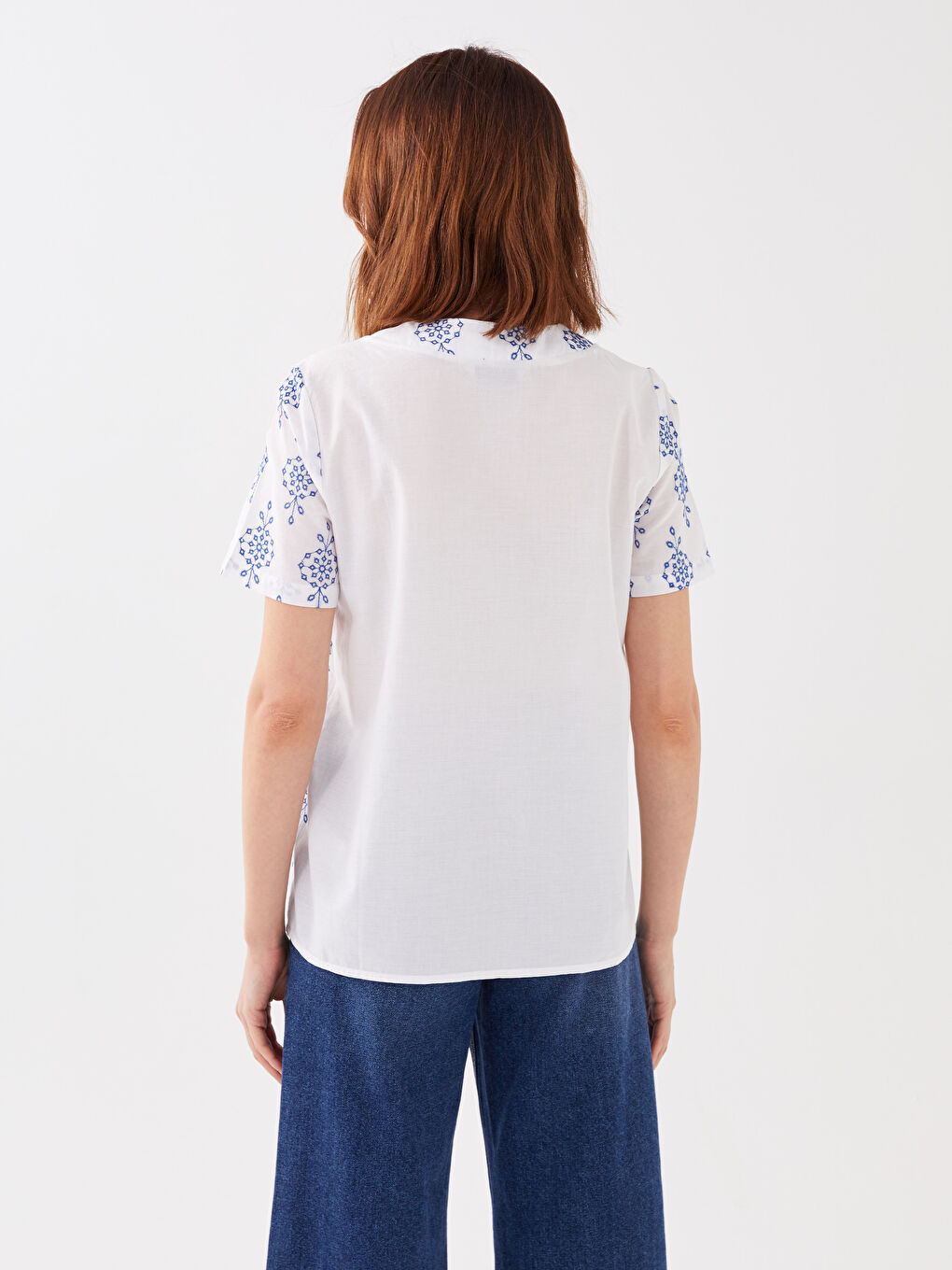 V-Neck Embroidered Short Sleeve Women's Blouse -S3GV00Z8-Q6K