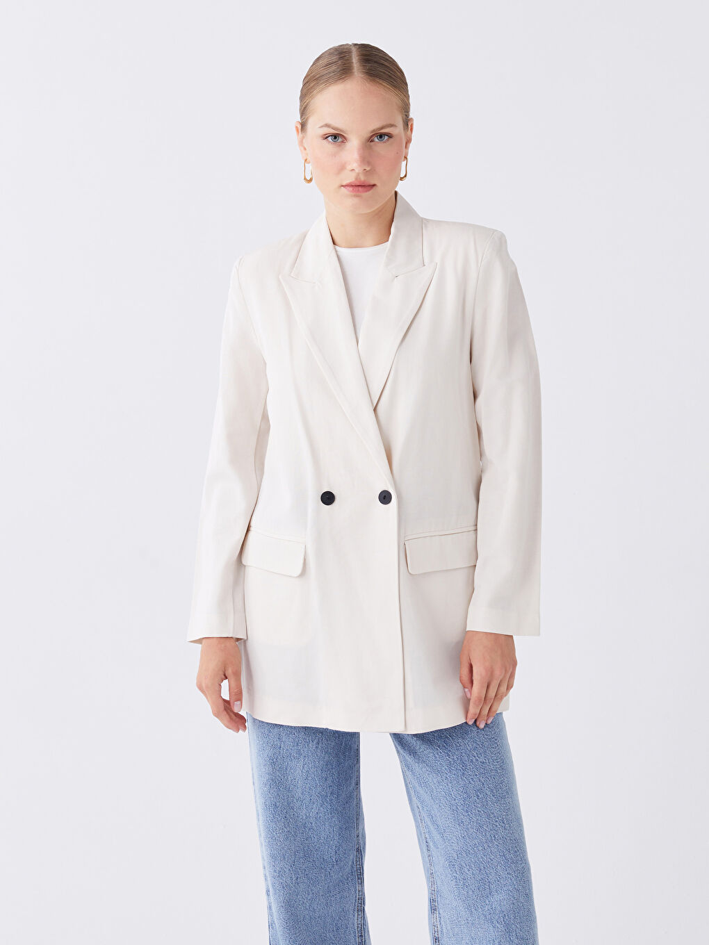 LCW Modest Plain Long Sleeve Linen Blend Women's Blazer Jacket -S3GV05Z8-SDG