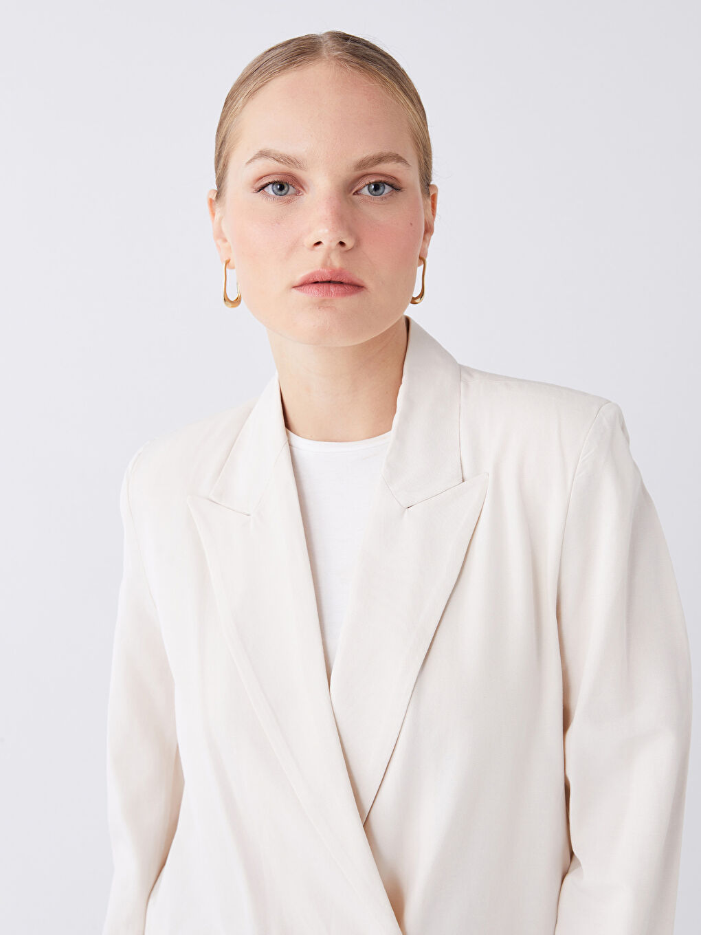LCW Modest Plain Long Sleeve Linen Blend Women's Blazer Jacket -S3GV05Z8-SDG