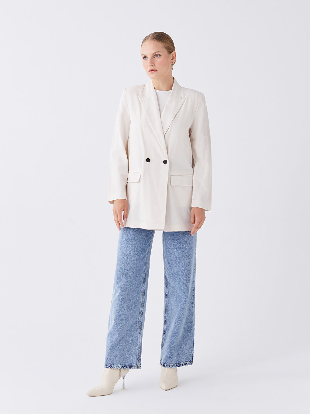 LCW Modest Plain Long Sleeve Linen Blend Women's Blazer Jacket -S3GV05Z8-SDG