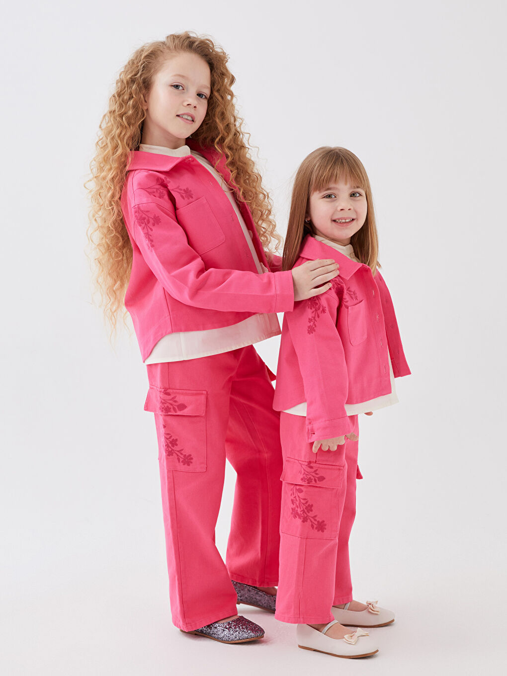 Pembe Beli Lastikli Nakışlı Kız Çocuk Pantolon-1