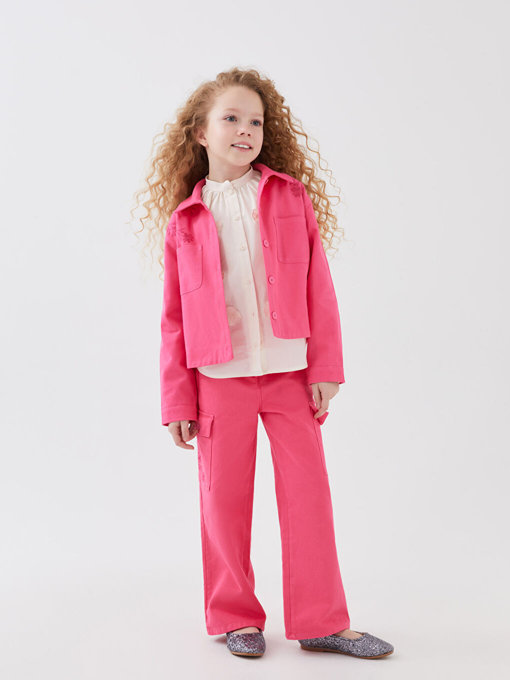 Pembe Beli Lastikli Nakışlı Kız Çocuk Pantolon