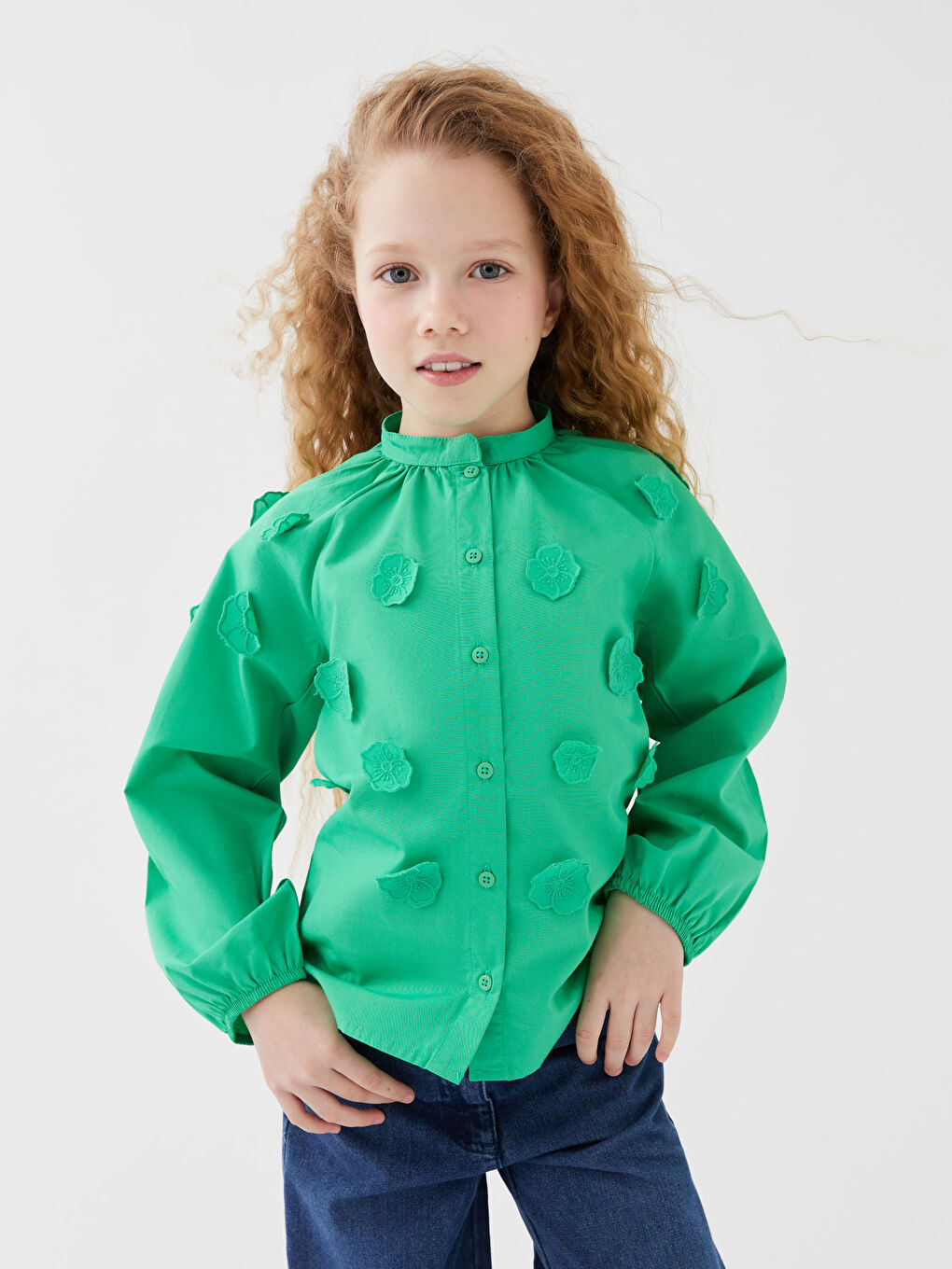 Yeşil Hakim Yaka Uzun Kollu Kız Çocuk Gömlek