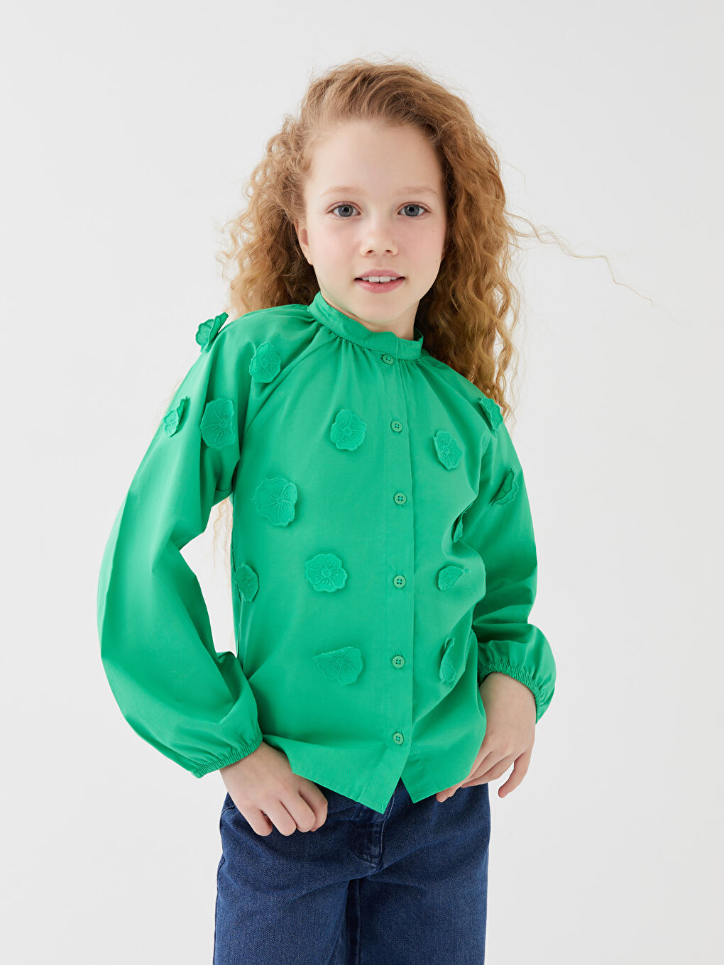 Yeşil Hakim Yaka Uzun Kollu Kız Çocuk Gömlek-1