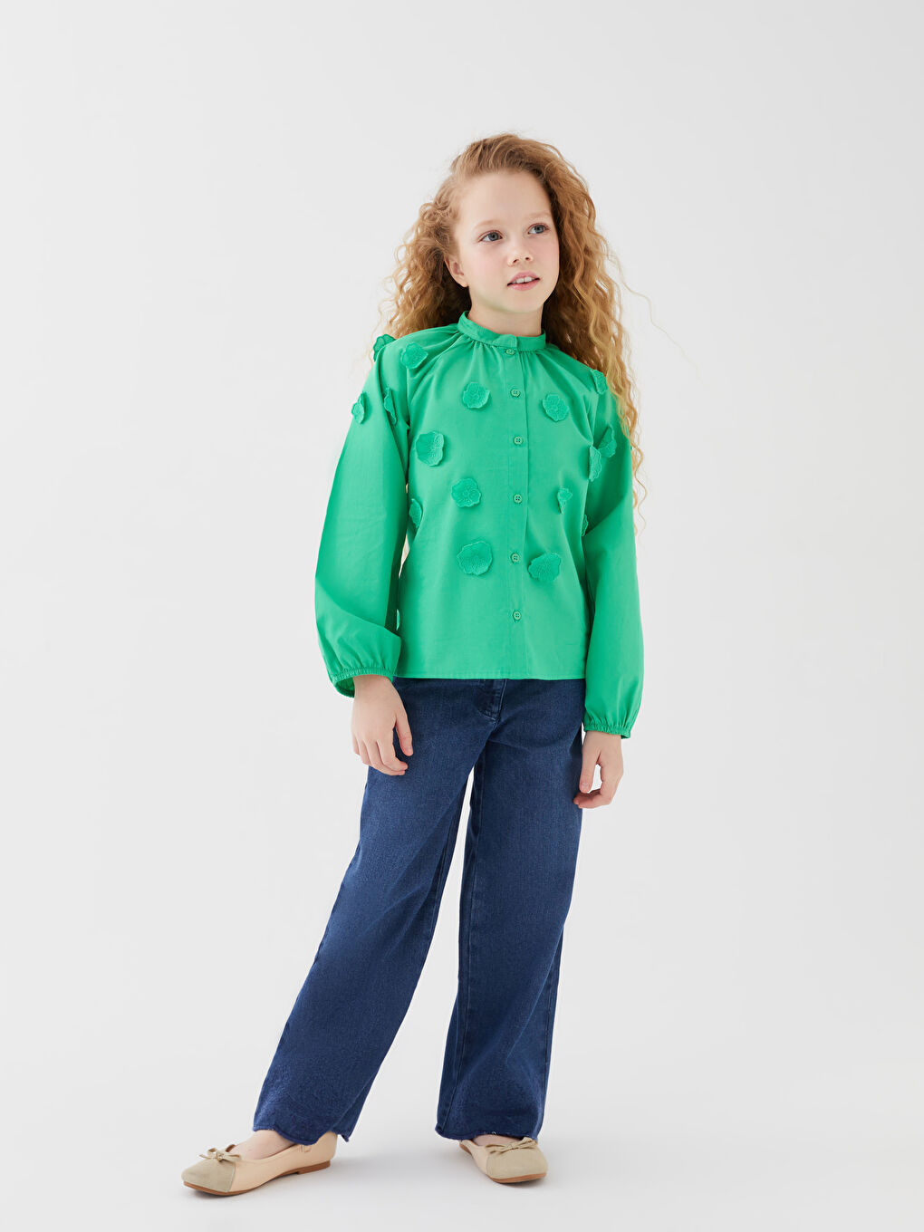 Yeşil Hakim Yaka Uzun Kollu Kız Çocuk Gömlek-3