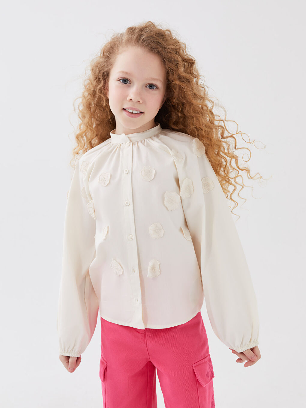 Ekru Hakim Yaka Uzun Kollu Kız Çocuk Gömlek
