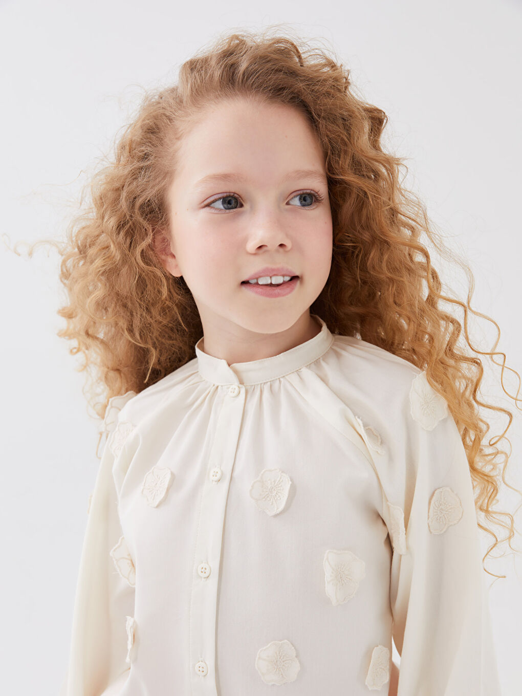 Ekru Hakim Yaka Uzun Kollu Kız Çocuk Gömlek-1