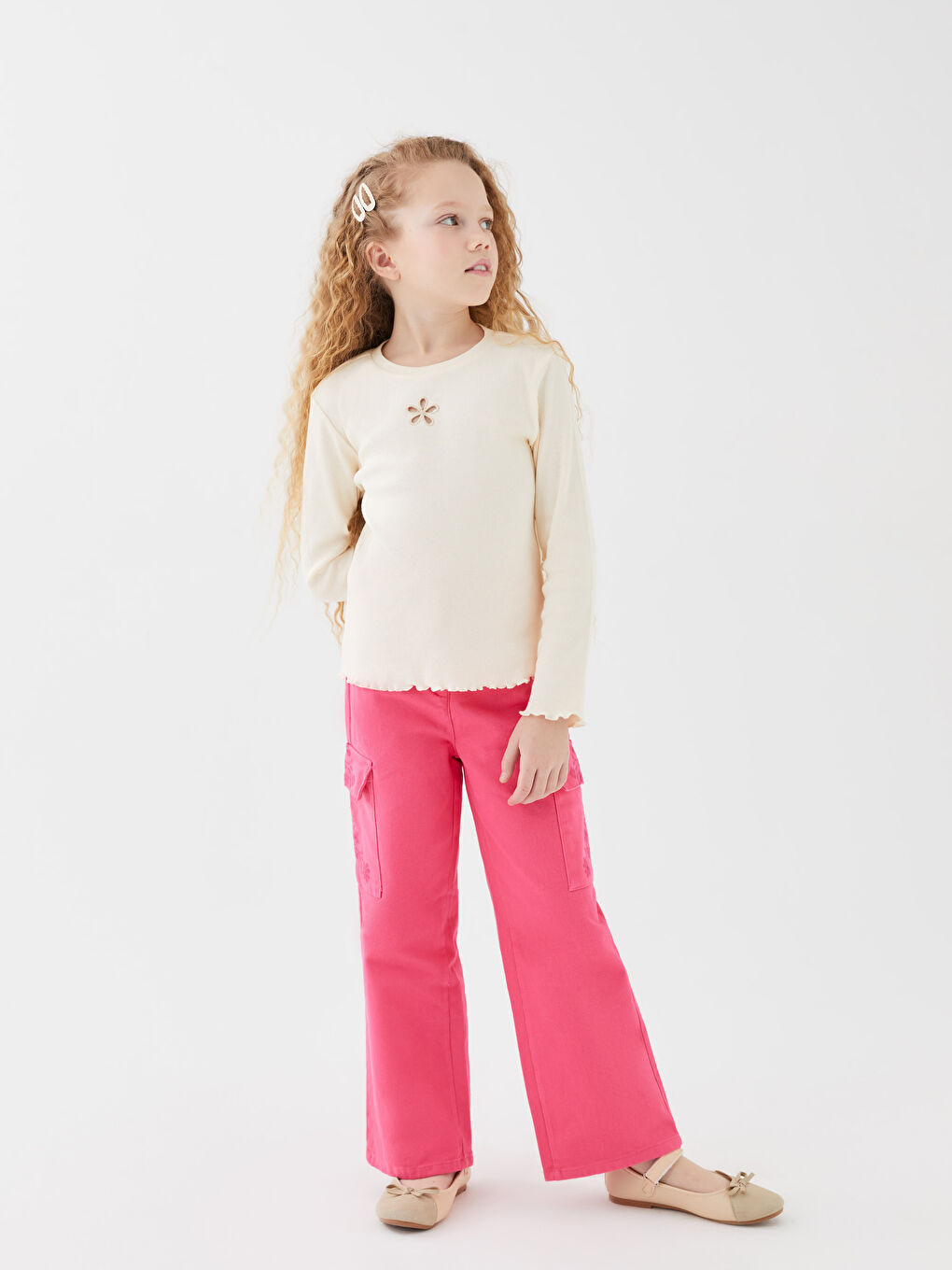 Ekru Bisiklet Yaka Nakışlı Uzun Kollu Kız Çocuk Tişört-3